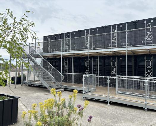 Converted shipping containers at Boxworks Brabazon in Bristol.